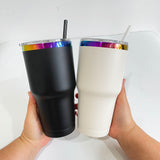 Rts usa_30oz macarone powder coated holographic rainbow plated car tumbler mugs cups with colored straws_nina