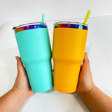 Rts usa_30oz macarone powder coated holographic rainbow plated car tumbler mugs cups with colored straws_nina