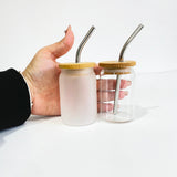 3.5oz clear frosted blank sublimation mini shot glass cans with bamboo lids and metal straws_nina