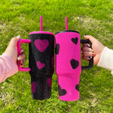 40oz hot pink black sweet heart print diamond bling rhinestone tumblers_nina