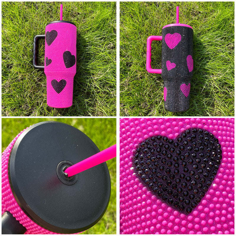 Rts usa_40oz hot pink black sweet heart print diamond bling rhinestone tumblers_nina