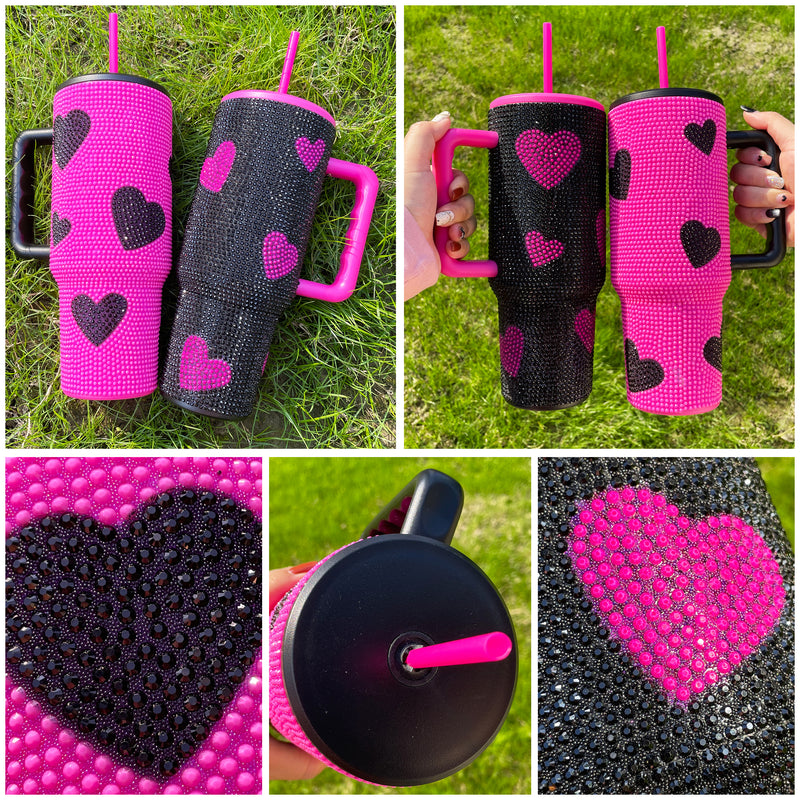 Rts usa_40oz hot pink black sweet heart print diamond bling rhinestone tumblers_nina
