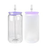 Rts usa_16oz blank sublimation clear frosted beer glass cans with colored plastic pp lid and clear straw_nina