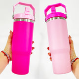 30oz 40oz powder coated flamingo camelia barbie hot pink flip straw water bottle tumblers_nina